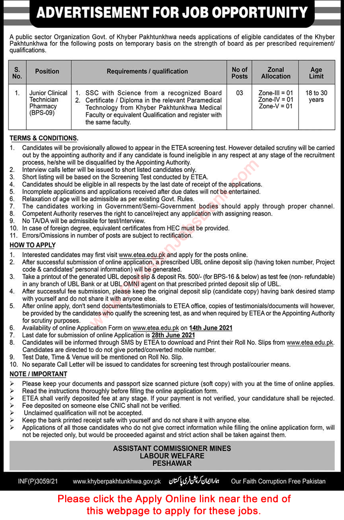 Pharmacy Technician Jobs in Mines Labour Welfare Peshawar 2021 June ETEA Apply Online Latest