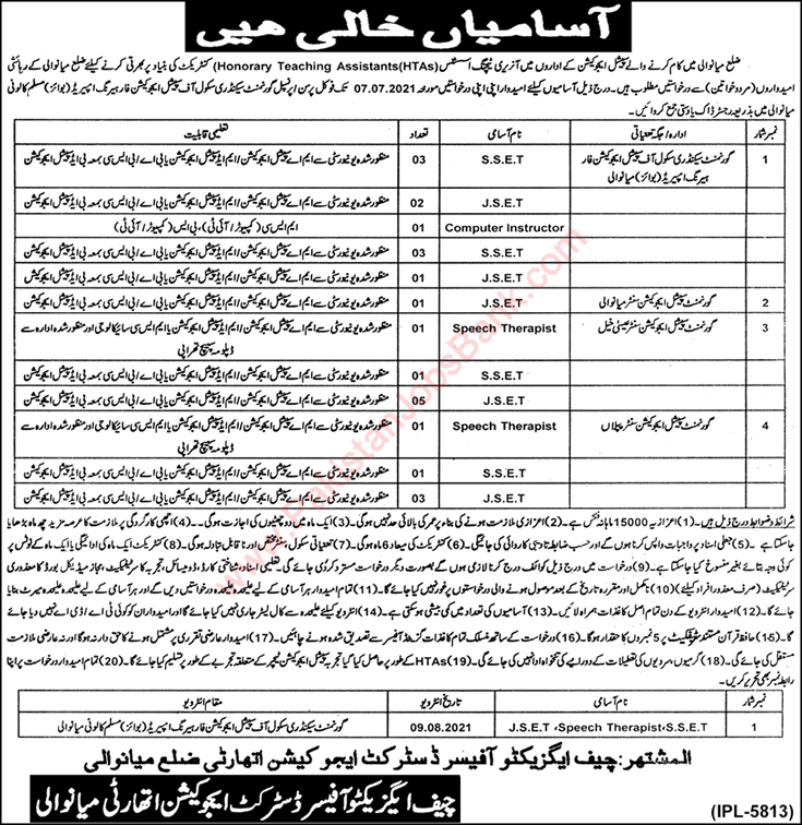 Education Department Mianwali Jobs 2021 June Teachers & Others Latest