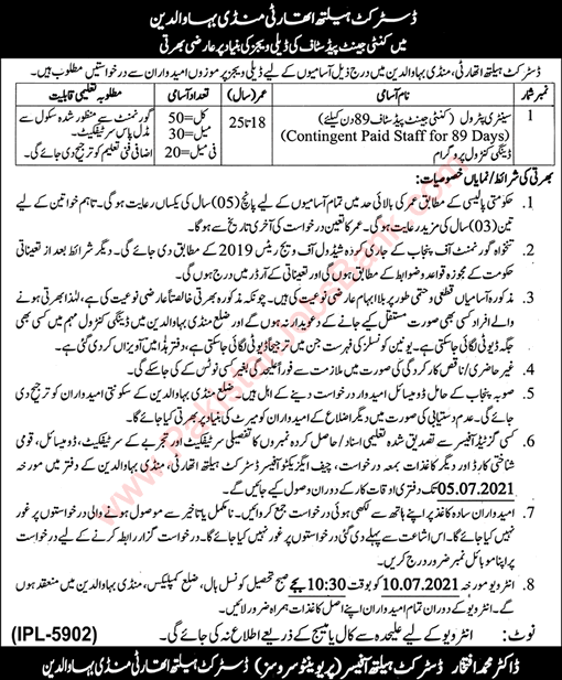 Sanitary Patrol Jobs in Health Department Mandi Bahauddin 2021 June Latest