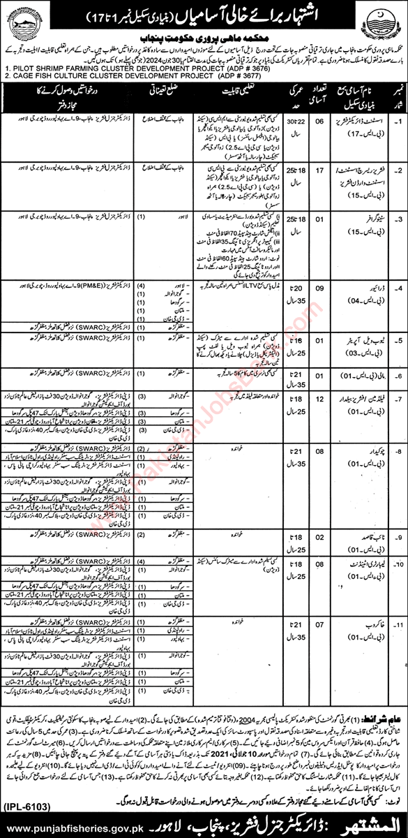 Fisheries Department Punjab Jobs June 2021 Research Assistant, Baildar & Others Latest