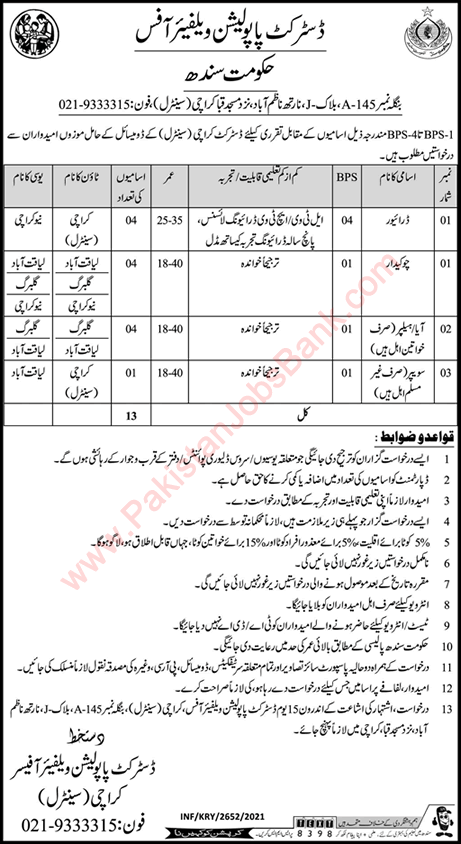 Population Welfare Department Sindh Jobs 2021 June / July Drivers, Chowkidar & Others Latest