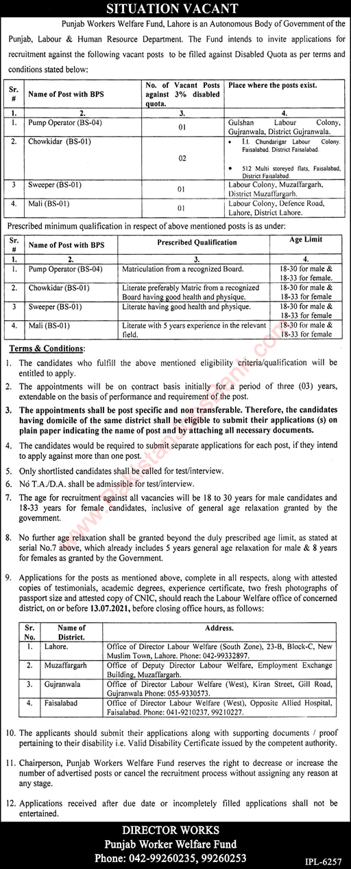 Punjab Workers Welfare Fund Jobs 2021 June / July Chowkidar & Others Latest