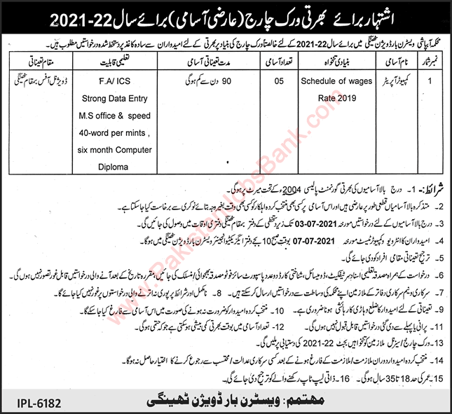 Computer Operator Jobs in Irrigation Department Thingi 2021 June / July Vehari Mehkma Abpashi Latest