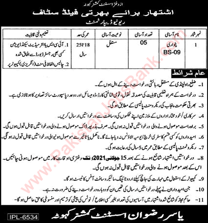 Patwari Jobs in Revenue Department Kahuta 2021 July Assistant Commissioner Office Latest