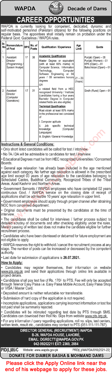 Computer Programmer Jobs in WAPDA July 2021 PTS Apply Online Assistant Directors Latest