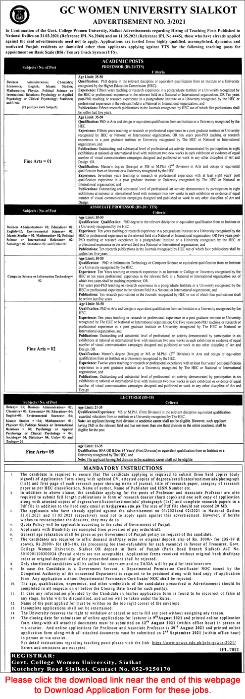 Teaching Faculty Jobs in GC Women University Sialkot July 2021 Application Form GCWU Latest