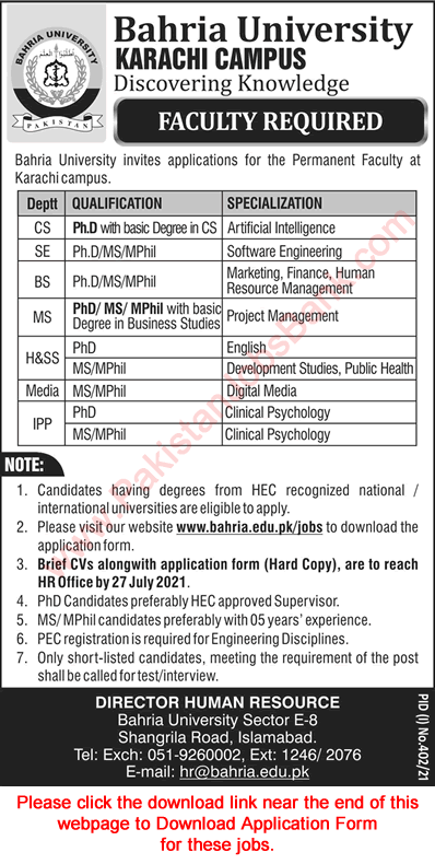 Bahria University Karachi Campus Jobs July 2021 Application Form Teaching Faculty Latest