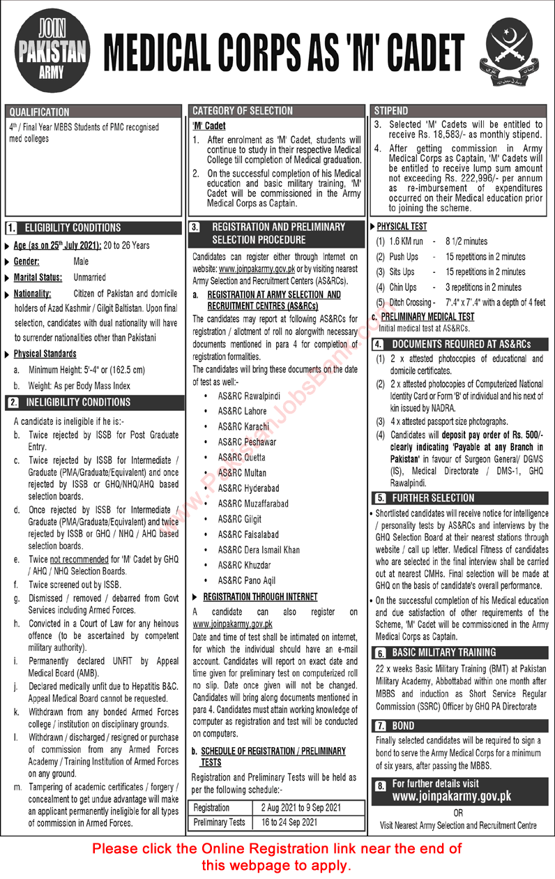 Join Pakistan Army as M Cadet July 2021 August Online Registration in Medical Corps Latest