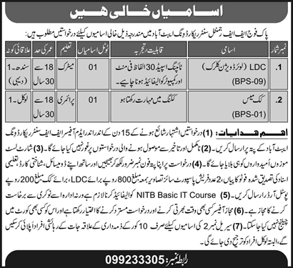 FF Regimental Center Record Wing Abbottabad Jobs August 2021 Clerk & Cook Pakistan Army Latest