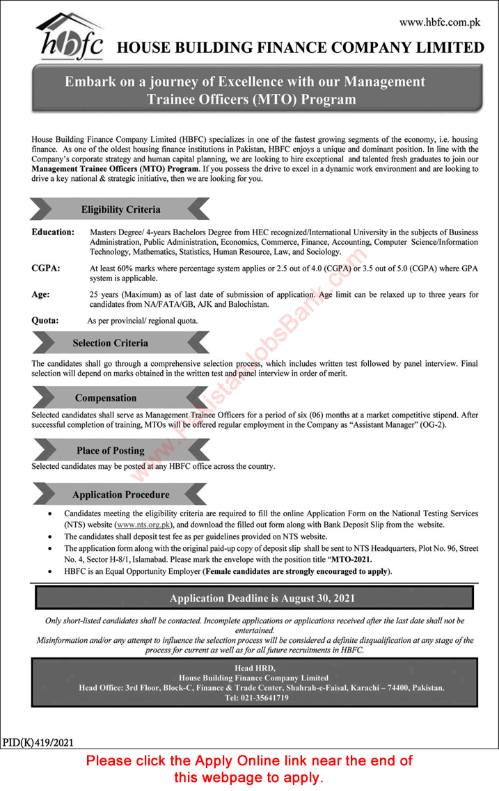 House Building Finance Company Limited Management Trainee Officer Program 2021 August NTS Apply Online HBFC MTO Latest
