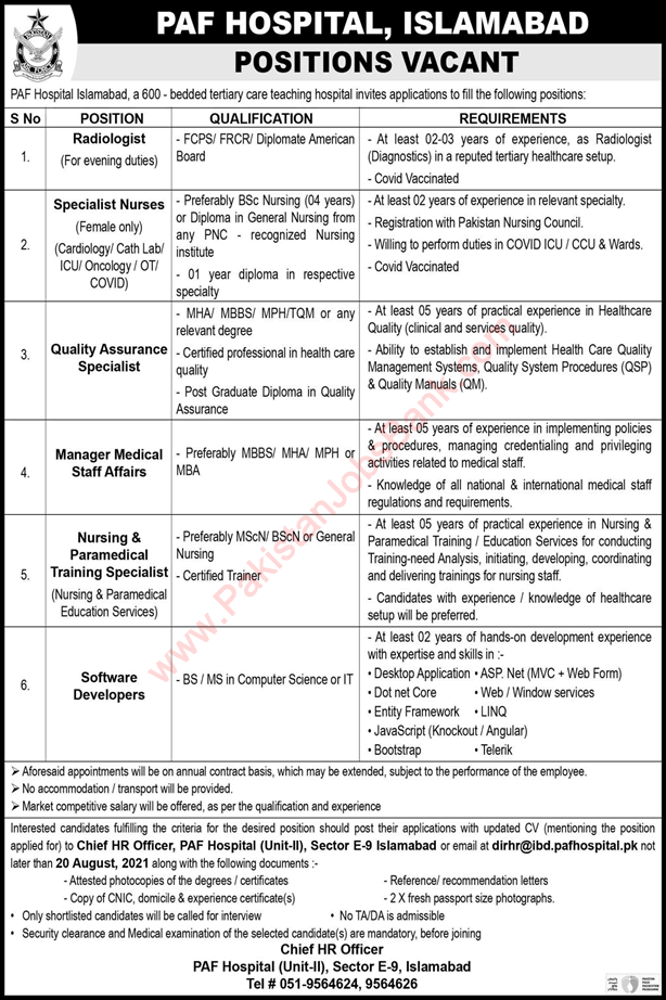 PAF Hospital Islamabad Jobs August 2021 Nurses, Software Developers & Others Latest