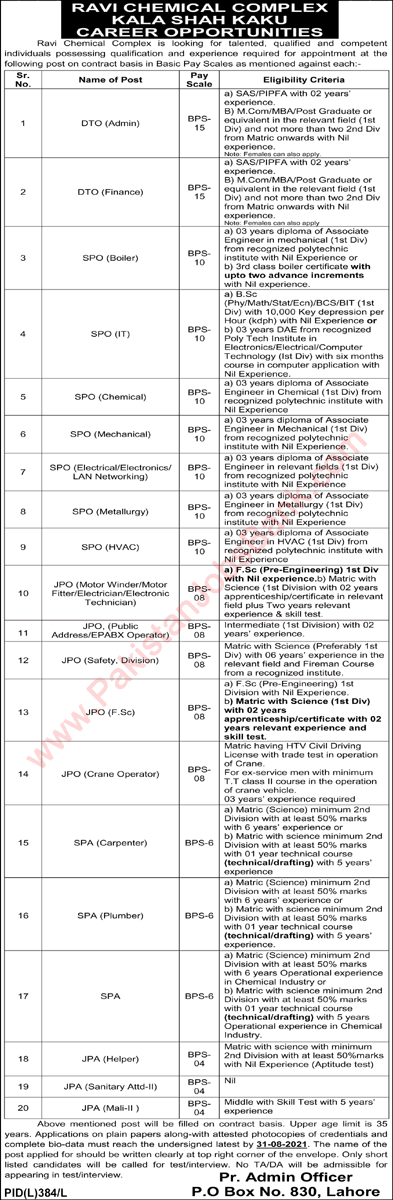 Ravi Chemical Complex Kala Shah Kaku Jobs 2021 August Deputy Technical Officers, Plant Operators & Others Latest