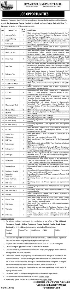 Cantonment General Hospital Rawalpindi Jobs August 2021 RCB Medical Technicians, Nurses & Others Latest