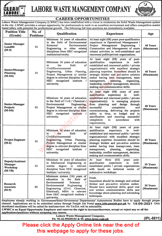 Lahore Waste Management Company Jobs August 2021 September Apply Online LWMC Latest
