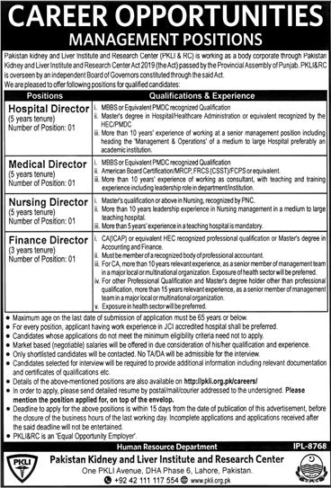 Pakistan Kidney and Liver Institute Jobs 2021 August / September PKLI&RC Nursing / Finance Directors & Others Latest