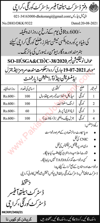 Health Department Karachi Jobs September 2021 Medical / Nursing Students & Others Latest