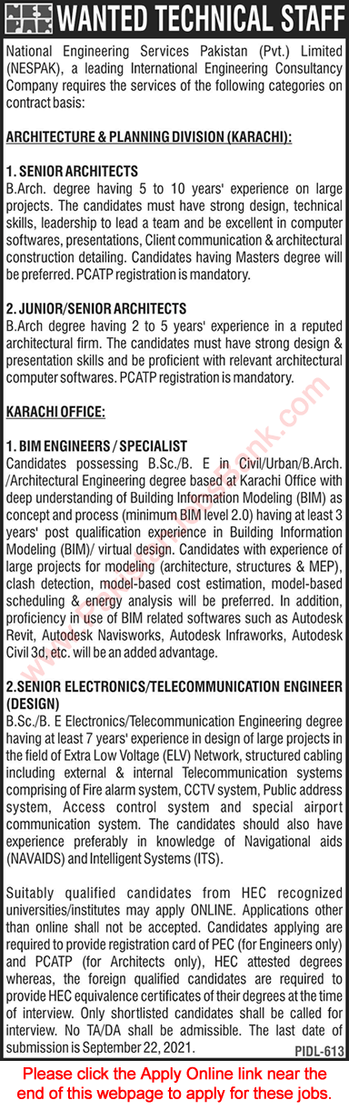 NESPAK Jobs September 2021 Apply Online Architects, Engineers & Specialists Latest