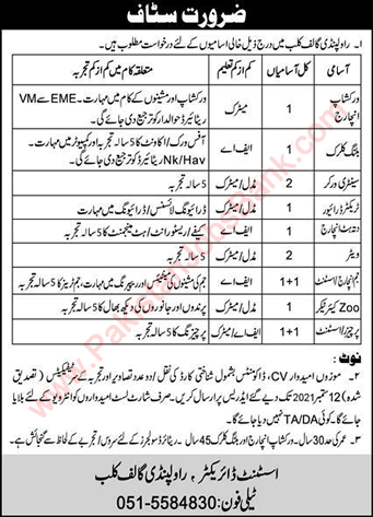 Rawalpindi Golf Club Jobs 2021 September Waiters, Purchase Assistants & Others Latest