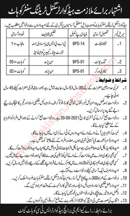 Headquarter Signal Training Center Kohat Jobs 2021 September Cooks, Sanitary Workers & Stenotypist Latest