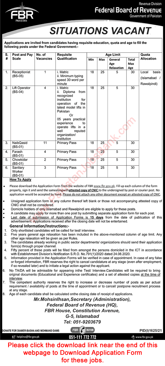 FBR Jobs September 2021 Application Form Federal Board of Revenue Latest