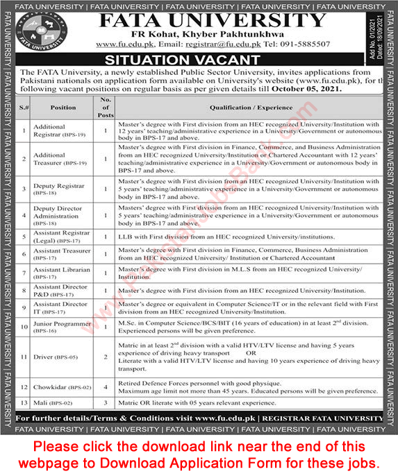 FATA University Kohat Jobs 2021 September Assistant Directors & Others Latest