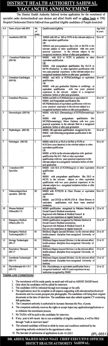 Health Department Sahiwal Jobs September 2021 Medical Officers & Others THQ Hospital Chichawatni Latest