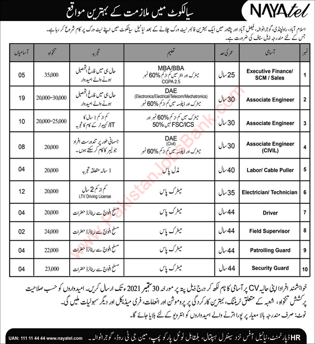 Nayatel Jobs September 2021 Sialkot Associate Engineers, Electricians & Others Latest