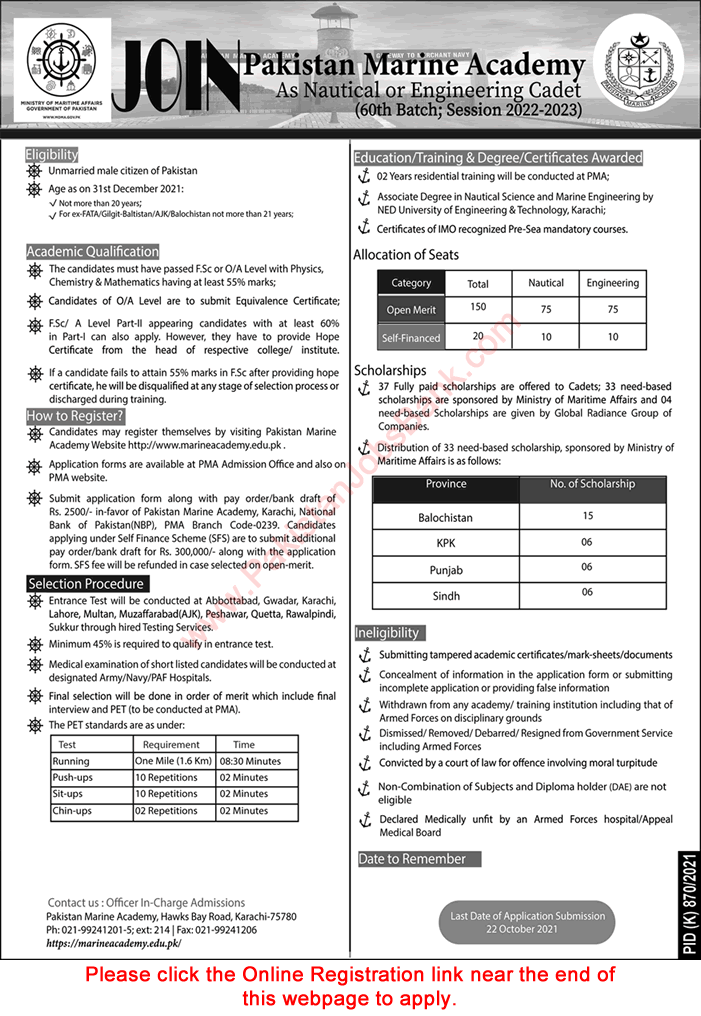 Marine Academy Karachi Admission 2022-2023 Application Form Join as Nautical / Engineering Cadets PMA Latest