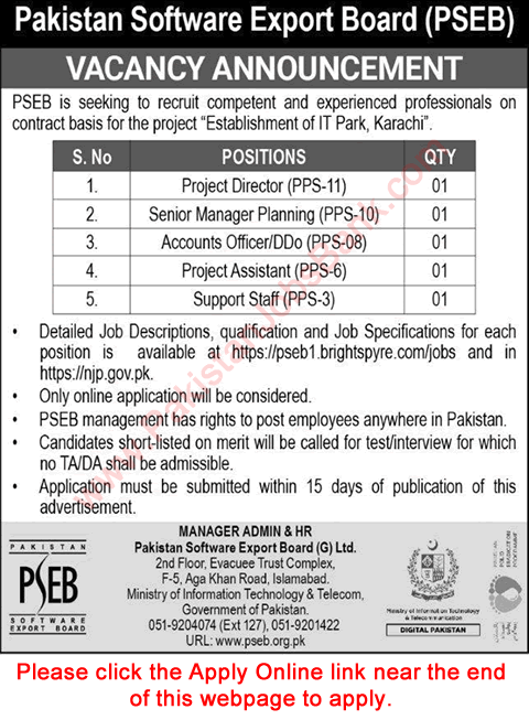 Pakistan Software Export Board Karachi Jobs October 2021 Apply Online PSEB Latest