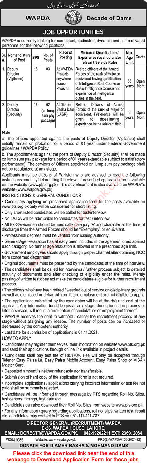 Deputy Director Jobs in WAPDA October 2021 PTS Application Form Water and Power Development Authority Latest