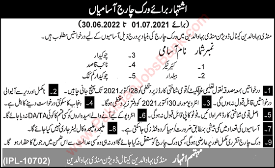 Irrigation Department Mandi Bahauddin Jobs 2021 October Naib Qasid, Chowkidar & Others Canal Division Latest