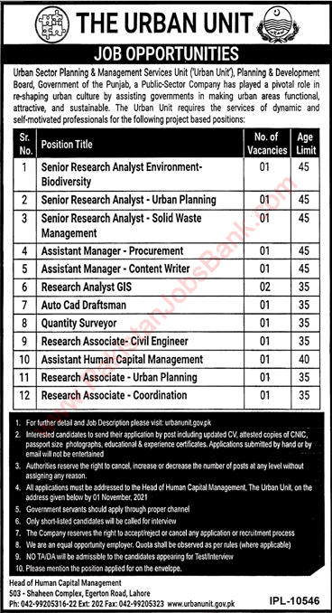 The Urban Unit Punjab Jobs October 2021 Research Analysts & Others Latest