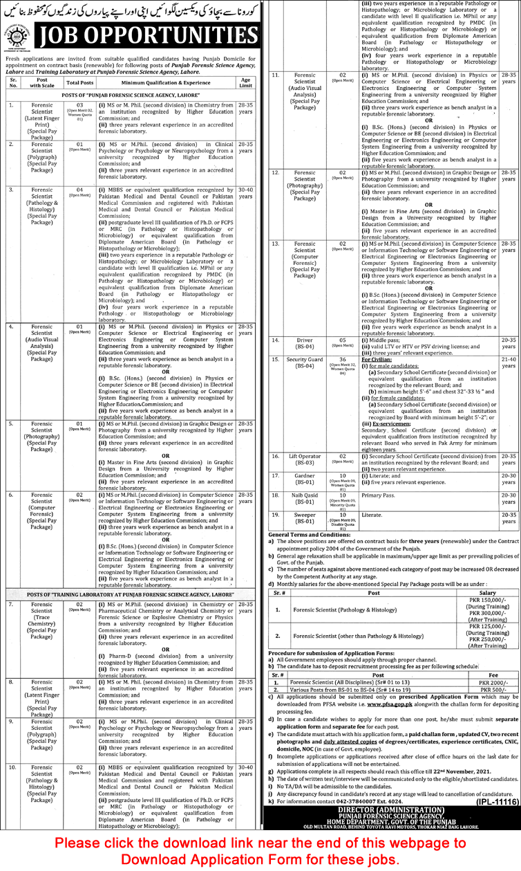 Punjab Forensic Science Agency Jobs October 2021 November Application Form Forensic Scientists & Others Latest