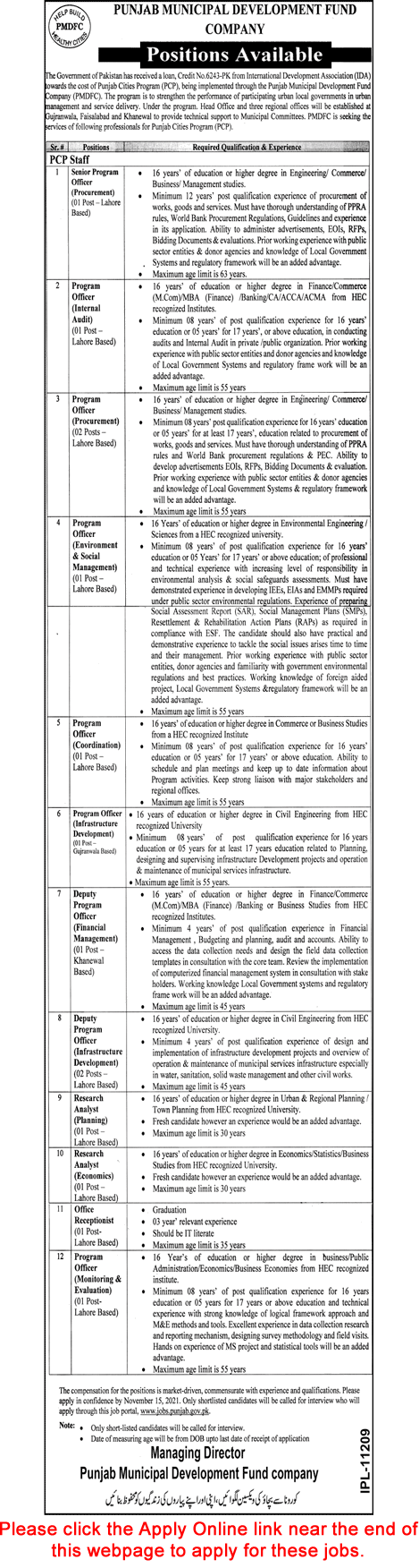 Punjab Municipal Development Fund Company Jobs November 2021 PMDFC Apply Online Program Officers & Others Latest