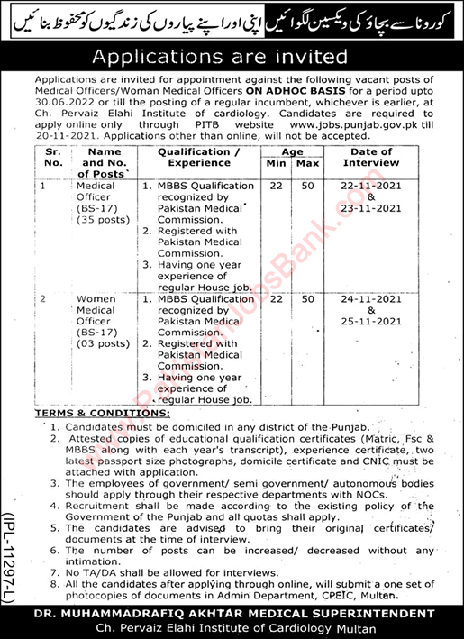 Women / Medical Officer Jobs in Chaudhry Pervaiz Elahi Institute of Cardiology Multan 2021 November CPEIC Apply Online Latest