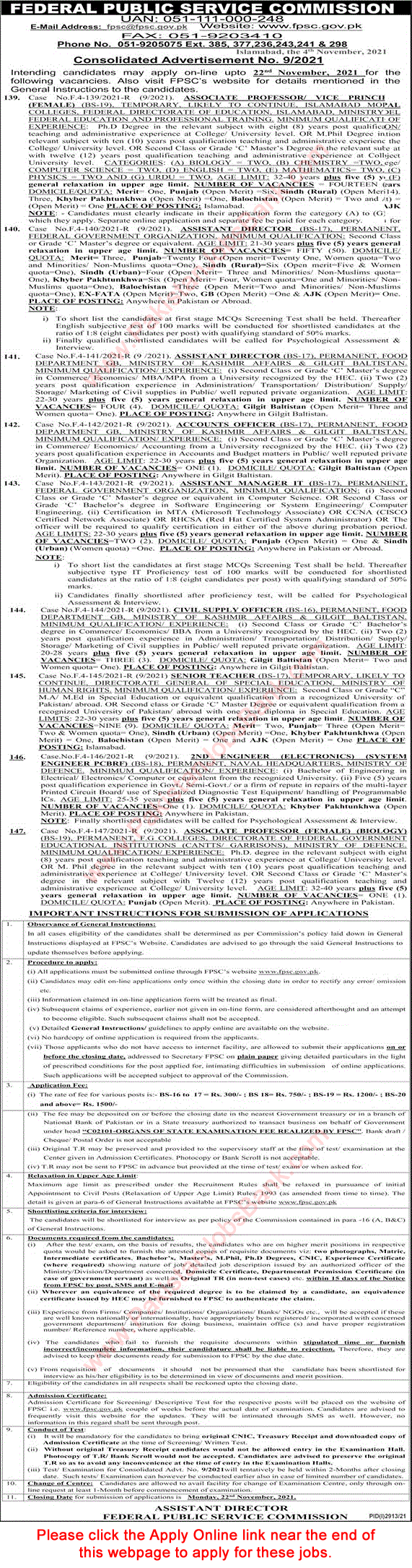 FPSC Jobs November 2021 Apply Online Consolidated Advertisement No 09/2021 9/2021 Latest