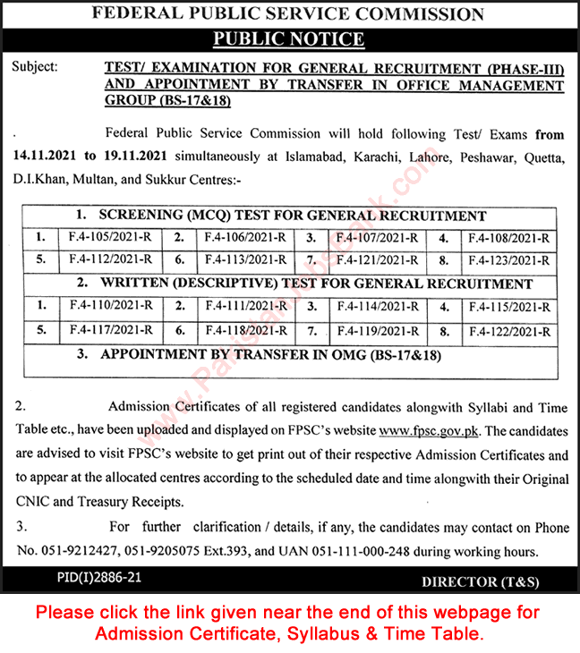 FPSC Written Test Schedule November 2021 Roll Number Slip & Syllabus Download Latest