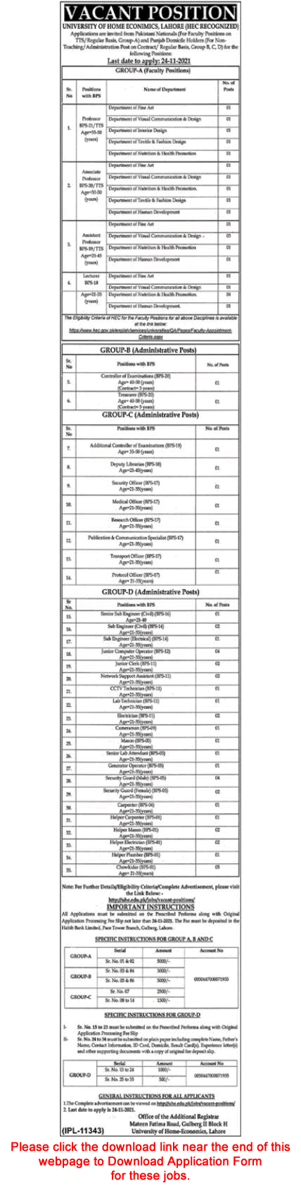 University of Home Economics Lahore Jobs November 2021 Application Form Teaching Faculty & Others Latest
