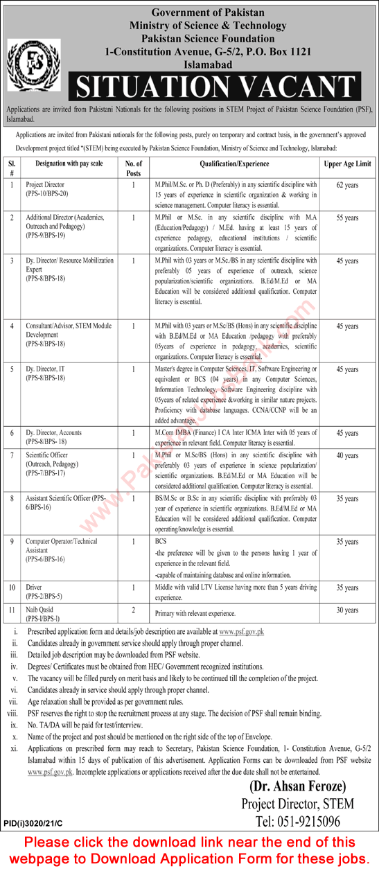 Ministry of Science and Technology Islamabad Jobs November 2021 Application Form Pakistan Science Foundation STEM Project Latest