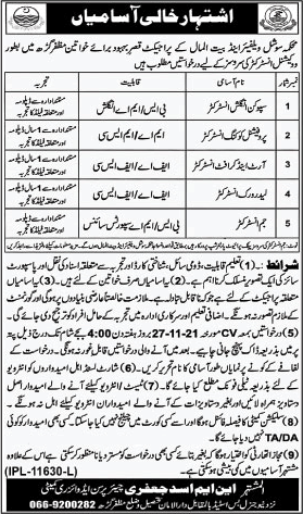 Vocational Instructor Jobs in Social Welfare and Bait ul Maal Department Muzaffargarh 2021 November Latest