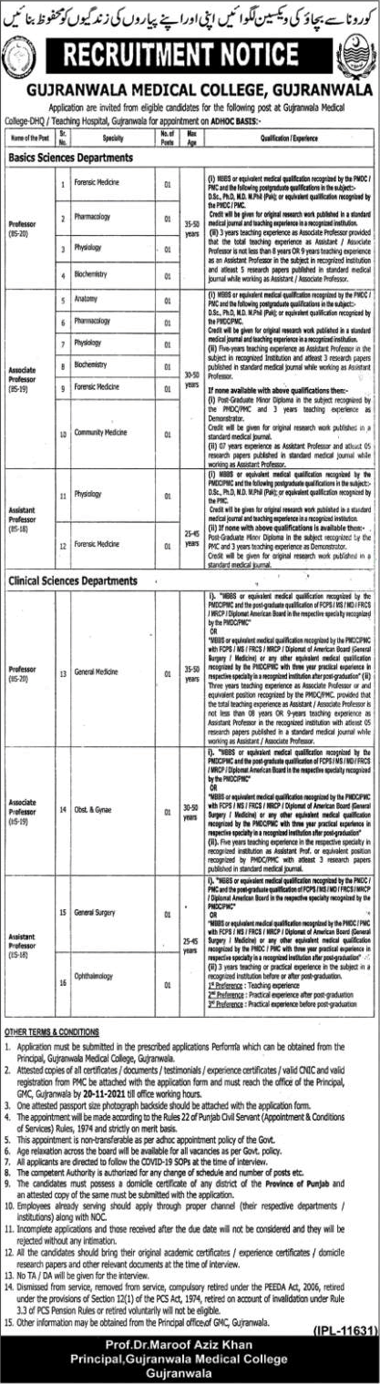 Gujranwala Medical College Jobs November 2021 Teaching Faculty DHQ / Teaching Hospital Latest