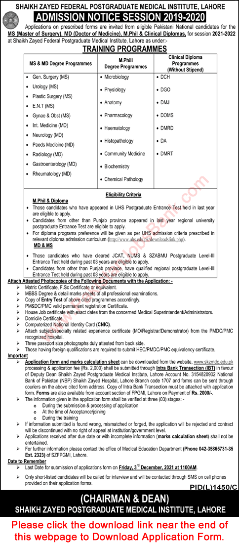 Sheikh Zayed Federal Postgraduate Medical Institute Lahore Training Programs November 2021 Application Form Latest