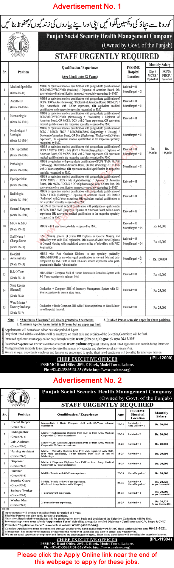 Punjab Social Security Health Management Company Jobs November 2021 Online Application Form PSSHMC Hospitals Lahore & Muzaffargarh Latest