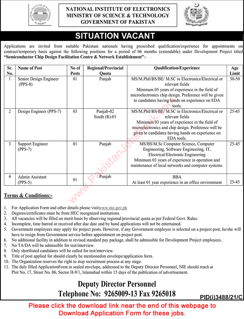 National Institute of Electronics Islamabad Jobs November 2021 December Application Form Download Latest