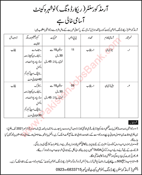 Clerk Jobs in Armed Corps Center Nowshera Cantt November 2021 December Latest