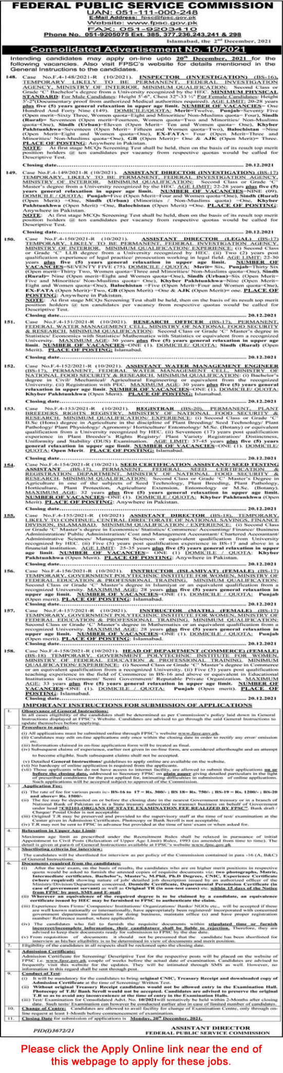 FPSC Jobs December 2021 Apply Online Consolidated Advertisement No 10/2021 Latest