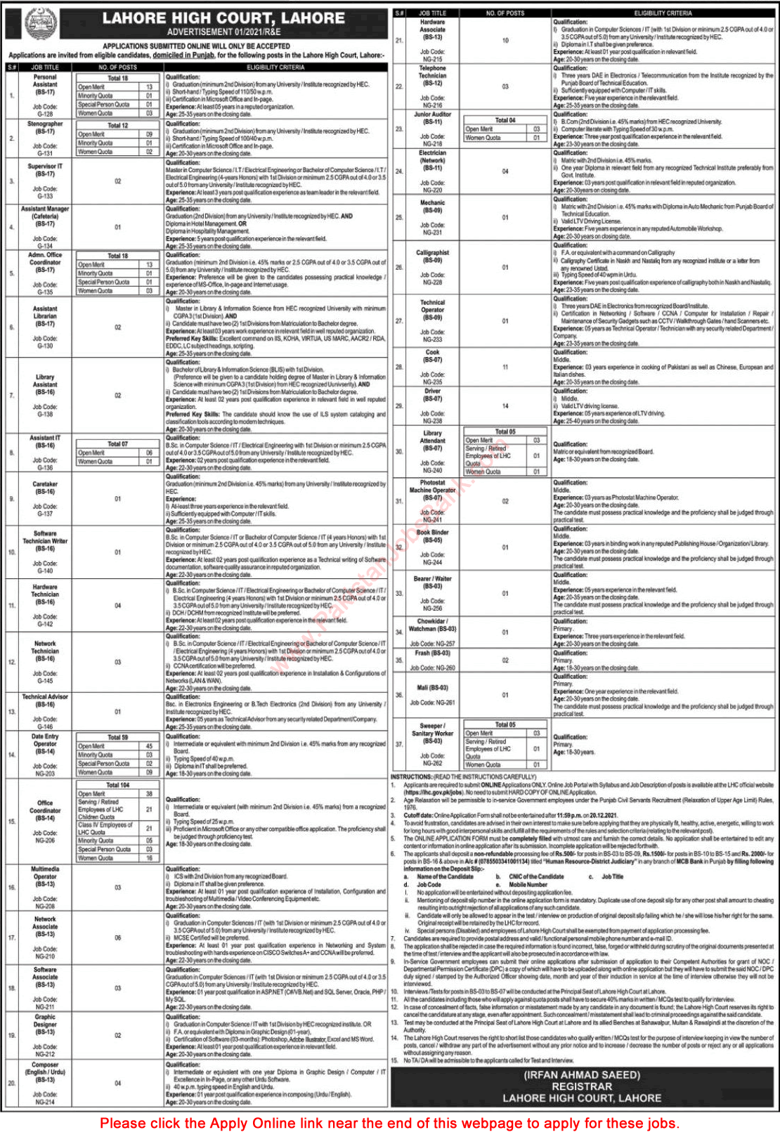Lahore High Court Jobs 2021 December Apply Online Office Coordinators, Data Entry Operators & Others Latest
