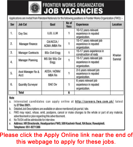 FWO Jobs December 2021 Apply Online Frontier Works Organization Latest