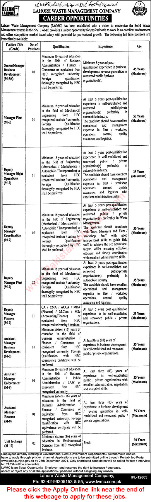 Lahore Waste Management Company Jobs December 2021 Apply Online LWMC Latest