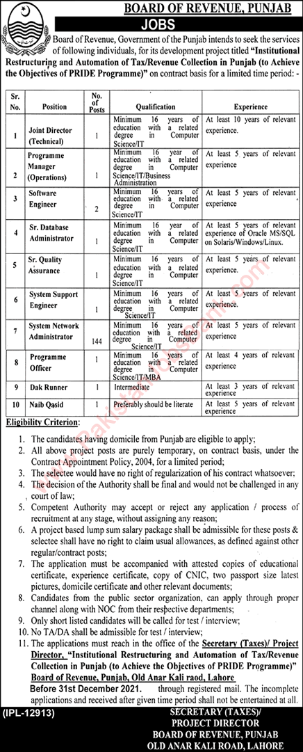 Board of Revenue Punjab Jobs December 2021 System Network Administrators & Others Latest